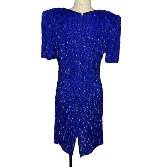 Laurence Kazar Silk Sequin Beaded Mini Dress Vintage 1980s Cobalt Blue M GUC - Picture 4 of 13